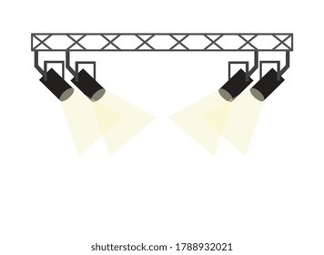 Flat spotlight hanging on ceiling rail. Bright light projection lamps for stage lighting or studio decoration - flat vector illustration isolated on white background.