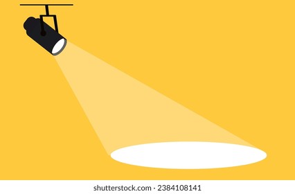 Luz de foco plana sobre el fondo amarillo. Proyector colgante para cartel publicitario. Iluminación de lámpara negra con espacio vacío. vector