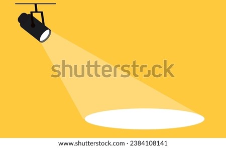 Flat spotlight on yellow background. Hanging projector for advertising poster. Black lamp illumination with empty space. vector