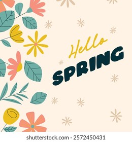 Flat spring celebration background. Hello spring greeting card