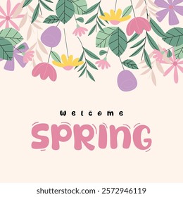 Flat spring celebration background. Welcome spring greeting card illustration