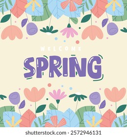 Flat spring celebration background. Welcome spring greeting card illustration