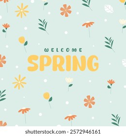 Flat spring celebration background. Welcome spring greeting card illustration