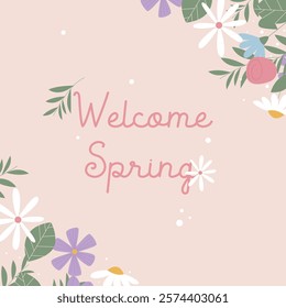 Flat spring celebration background. Welcome spring greeting card illustration