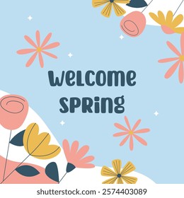 Flat spring celebration background. Welcome spring greeting card illustration