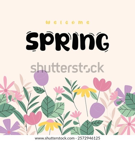 Flat spring celebration background. Welcome spring greeting card illustration
