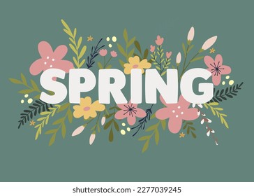 Flat spring celebration word with flowers