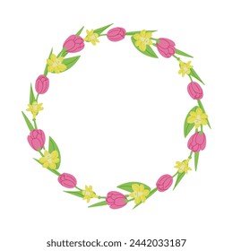 Flat spring floral wreath isolated on white background. Spring nature concept. Sketchy hand drawn tulips and daffodils on white background. Ideal for as template for greetings, banner and background