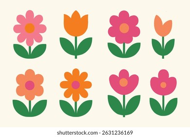 Flat Spring Flower Clipart Set – Cute Minimal Floral Vector Icons with Bright Petals and Green Leaves