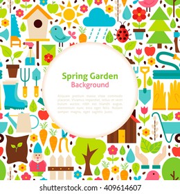 Flat Spring Garden Background. Vector Illustration for Gardening Promotion Template.  Colorful Poster with Text for Advertising.