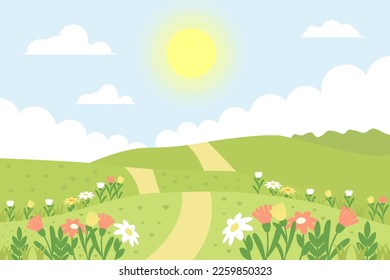 flat spring landscape illustration with spring flowers