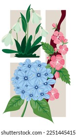 Flat spring postcard with flowers in frame vector