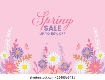 Diseño de Anuncio de venta de primavera plana, estilo minimalista con Elementos florales y Plantilla de textura para tarjeta, Anuncio, invitación, publicación en redes sociales, póster, App móviles, anuncios de Web.