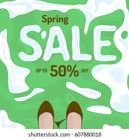 Flat spring sale vector banner, poster, flyer. Fresh creative design of sale template. Vector illustration with melting snow on grass, old broken shoes.