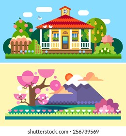 Flat spring and summer Spring and summer landscapes. Garden with apple and pear trees, house with red roof  and terrace, flowers. Japan, cherry blossoms, Mount Fuji, field. Vector flat illustrations 