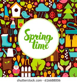Flat Spring Time Greeting. Vector Illustration of Nature Garden Poster with Handwritten Lettering.