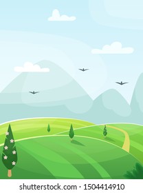 Flat spring vector cartoon landscape. Fields with trees and mountains in the background.