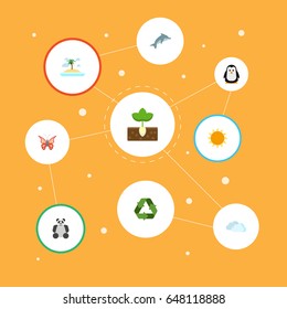 Flat Sprout, China Bear, Isle Beach And Other Vector Elements. Set Of Eco Flat Symbols Also Includes Reuse, Polar, Animal Objects.