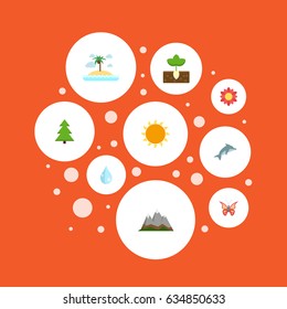 Flat Sprout, Playful Fish, Tree And Other Vector Elements. Set Of Environment Flat Symbols Also Includes Sunshine, Moth, Tree Objects.