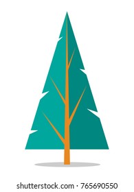 Flat spruce icon isolated on white. Vector illustration of tree casting slightly visible shadow with thin trunk and branches, and blue needles