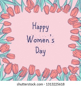 Flat square greeting card template with hand drawn tulips. Happy Women's Day banner with ink sketch of spring flowers on pink background. Elements for design in pale tender colors.
