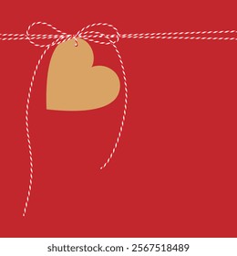  Flat square hand drawn background, kraft tag heart gift tied up with cotton red rope bakers twine, bow and ribbon. Packing string for present, pastry box for EPS10 on kraft paper for Valentine's day.