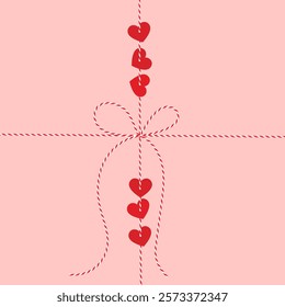 Flat square hand drawn background, gift tied up with cotton red rope bakers twine with paper heart, bow in the center, ribbon. Packing string for present, pastry box for Valentine's day. Vector EPS10