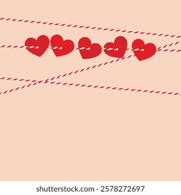 Flat square hand drawn background for flyer. Gift tied up with cotton red rope bakers twine with five paper heart. Packing string for present, pastry box for Valentine's day. Vector EPS10