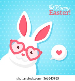 Flat Square Happy Easter Banner with White Hipster Rabbit in Pink Heart Shaped Sunglasses. Vector illustration. 