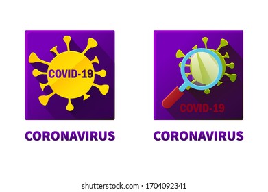 Flat square icons of covid-19 virus under magnifying glass. Coronavirus epidemic lettering and logo.