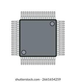 Flat square integrated circuit with extended pins, ideal for illustrating microprocessor, semiconductor, CPU, digital chip, motherboard design, and electronic hardware components.