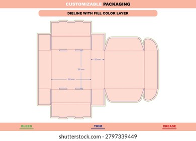 Flat square mailer box dieline template with fill color layer, including trim, crease, and bleed lines with precise dimension annotations in millimeters