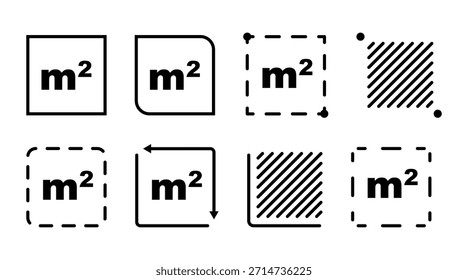 Flat square meter M2 measuring symbol in a clean linear style, representing surface area and space measurement. Minimal vector icon suitable for land plots, real estate listings, room size, housing plans, architecture