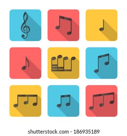 Flat square music icons. Music buttons isolated on white background. Vector illustration.