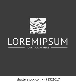 Flat square white flower icon on the dark grey background. Lotus logo. Vector illustration