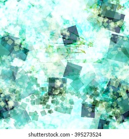 Flat squares aqua a snowy background. Seamless vector pattern. Abstract template. Stains and scratches are mixed randomly. Easy editing. The effect of watercolors and blur
