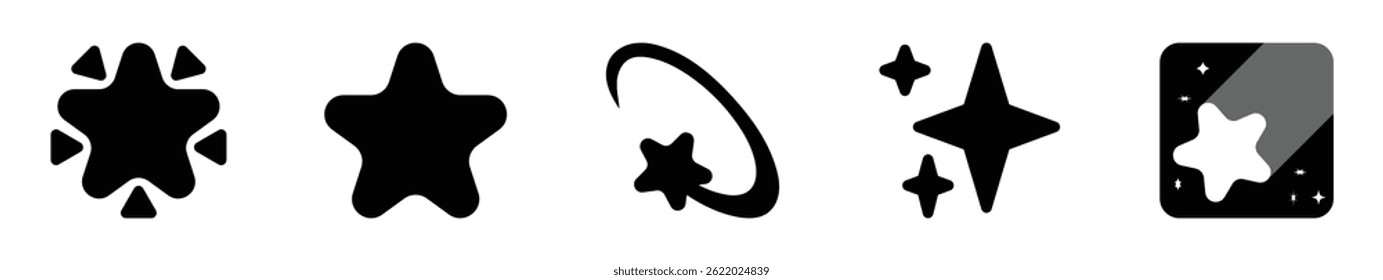  Ícone de estrela plana definido com vários estilos abstrato, clássico, brilhante, cometa e estilo de aplicativo. Ideal para projetos de interface do usuário, jogos, aplicativos, decorações e design digital. Vetor, ícones, símbolos.