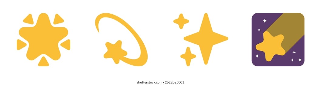 Conjunto de iconos de estrella plana con varios estilos de estilo abstracto, clásico, brillante, cometa y App. Ideal para UI, juegos, App, decoraciones y proyectos de diseño digital. Vector, ícono.