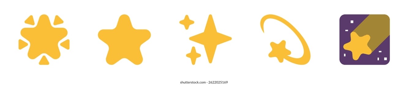 Ícone de estrela plana definido com vários estilos abstrato, clássico, brilhante, cometa e estilo de aplicativo. Ideal para projetos de interface do usuário, jogos, aplicativos, decorações e design digital. EPS e formato de vetor. Ícones, vetor.