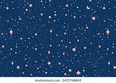 Flat star night sky horizontal background. Colorful Cosmos pattern with stars. Repeating Space Pattern. Dark Sky with colorful stars. Vector Illustration.