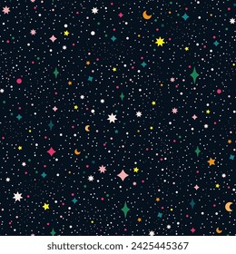 Flat star night sky seamless pattern. Colorful Cosmos pattern with stars. Repeating Space Pattern. Dark Sky with colorful stars. Vector Illustration.