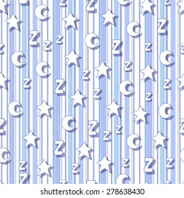 Flat stars, moons and z with shadows on striped background. Can be used for wallpaper, greeting cards, wrapping paper, pajamas, pillow and bedsheet, childish bedroom, nursery interior. Good night! 