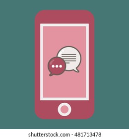 Flat start up illustration on the blue background. Mobile Phone messenger icon. 