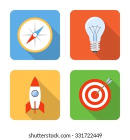 Flat startup icons with long shadows. Vector illustration