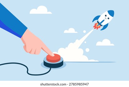 Flat Startup Launch Illustration with Rocket Takeoff and Push Button Concept
