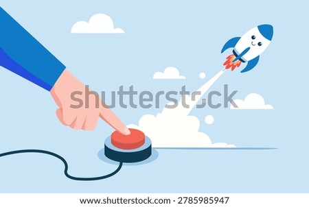 Flat Startup Launch Illustration with Rocket Takeoff and Push Button Concept
