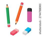 Flat stationary set vector doodle illustration. School supplies, pencils, highlighter, erasers for education and back to school concept