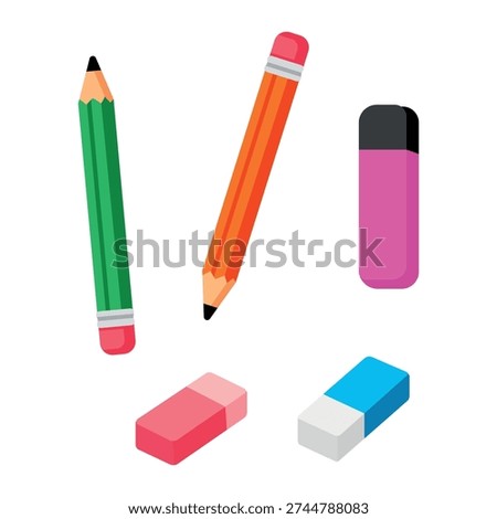 Flat stationary set vector doodle illustration. School supplies, pencils, highlighter, erasers for education and back to school concept