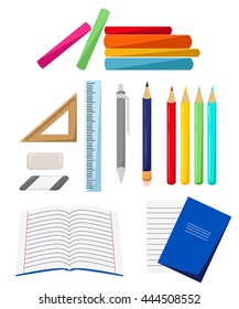 Flat stationery drawing tools, pen set. School accessories