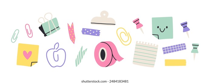 Flat stationery set. Note sheet, sticker and duct tape, push pin, paper clip. Template card for printable kids organizer